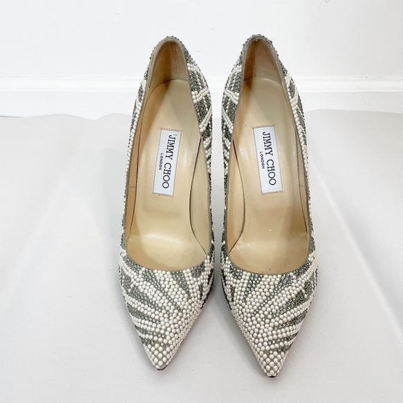 Jimmy Choo Anouk Pearl Crystal Suede Embellished Heel Pumps - Picture 3 of 8